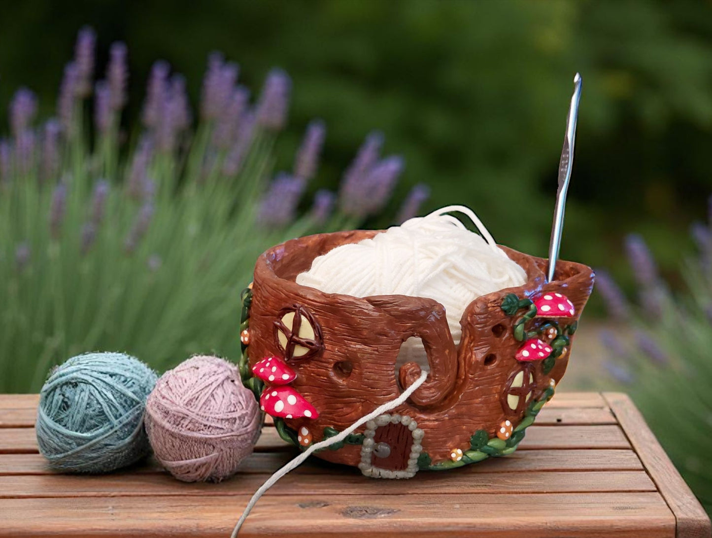 Handmade clay mushroom toadstool forest yarn bowl / fairy garden house whimsical yarn bowl crochet knitting accessories tools