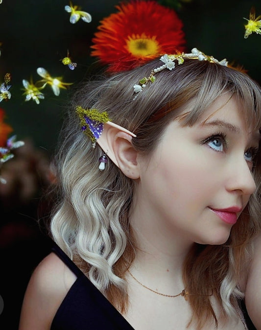 Purple toadstool rubber fairy pixie elf ears / halloween costume accessory cosplay elf ears / painted elf ears with earrings