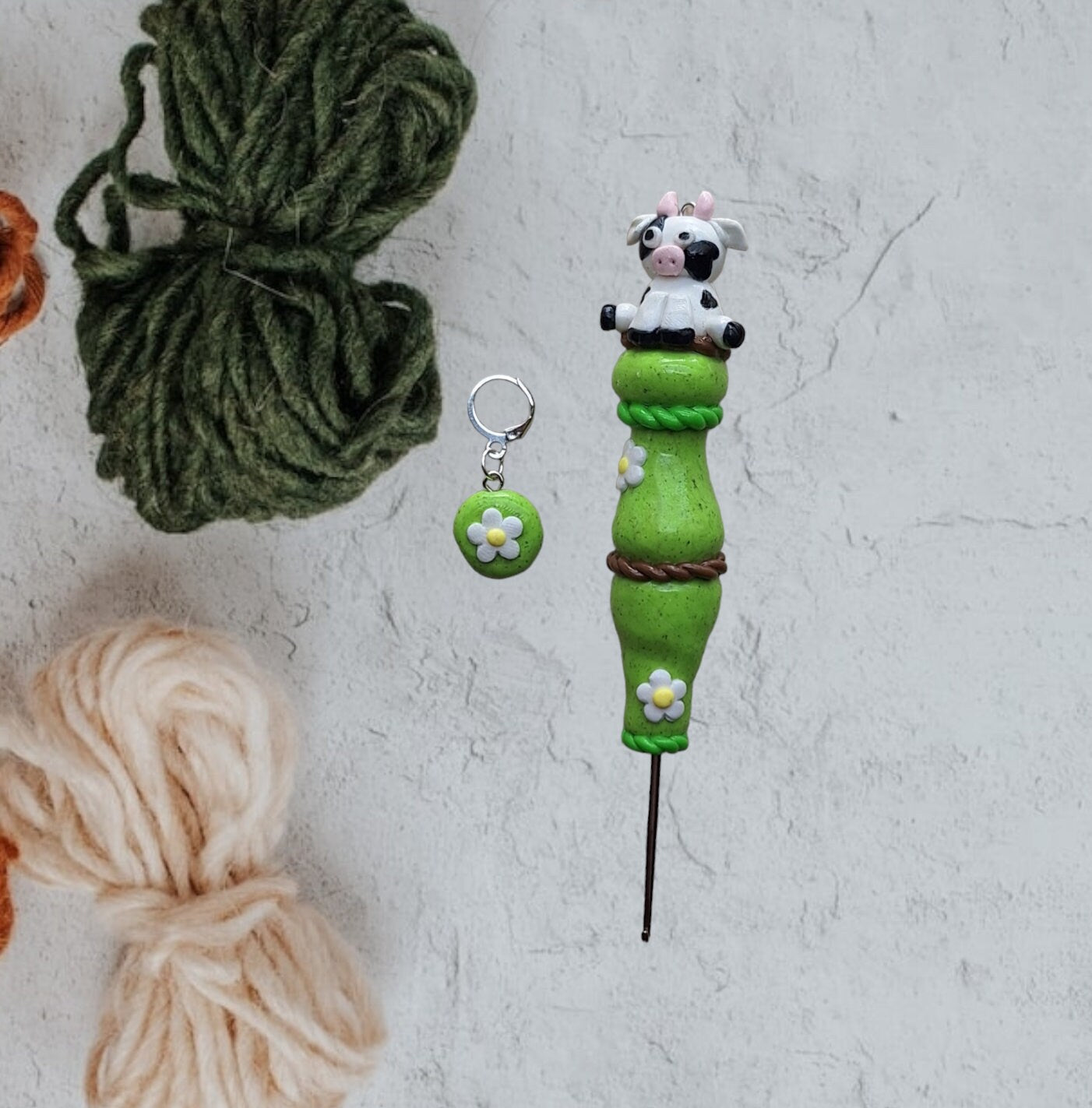 Polymer clay cute daisy cow crochet hook with stitch marker