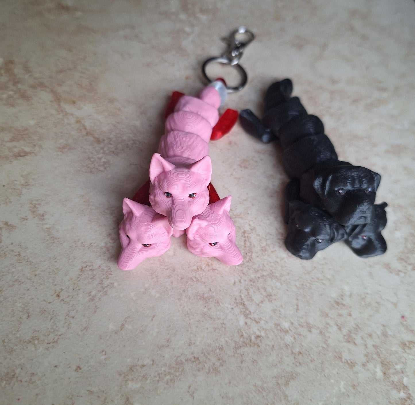3D articulated pink black baby cerberus dog / 3d printed Cerberus / 3d printed animals figurine knick knack Fidget keychain