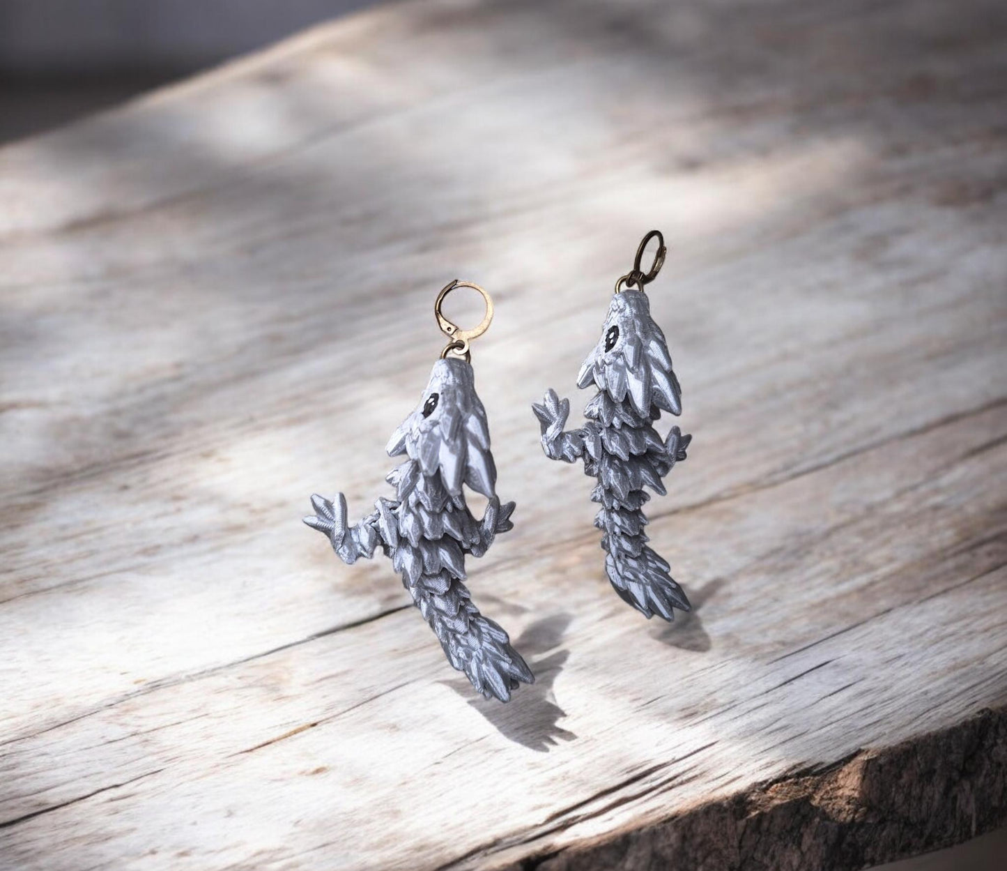 3D articulated silver gemstone tadling dragon earrings / 3d printed earrings / dragon earrings / articulated 3d dragon jewelry