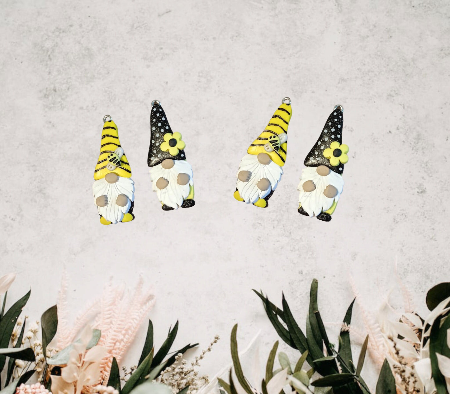 Kawaii summer bee daisy gnome charms / polymer clay floral daisy gnome charms / bumblebee gnome charms / black yellow summer gnome charms