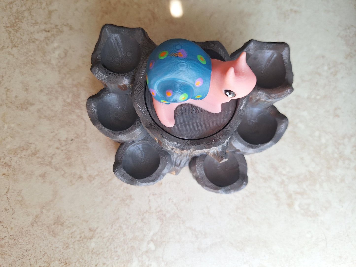 3D printed and painted snail on tree stump dice holder trinket organization storage box / snail dice buddy display / 3d print d20 dice tower