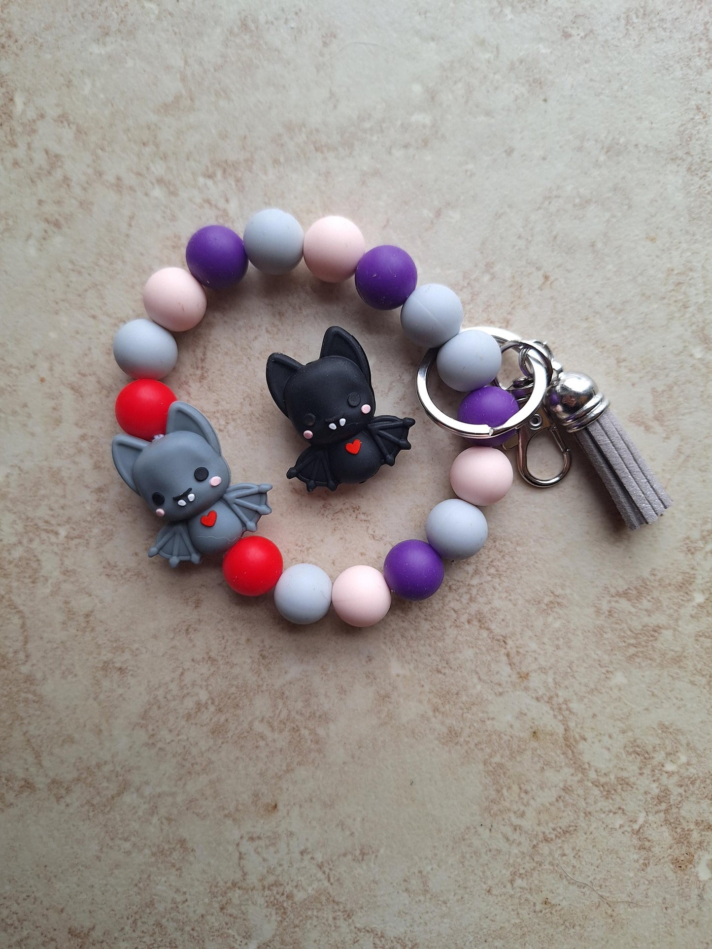 Silicone beaded wristlet gray black bat with heart / cute bat silicone beaded wristlet keychain / kawaii bat bag accessories key chain gift