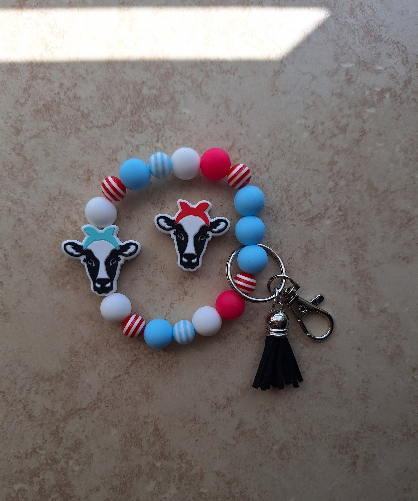 Silicone beaded wristlet keychain / cow with bow red teal silicone beaded wristlet keychain / bows and cows bag accessory key chain gift