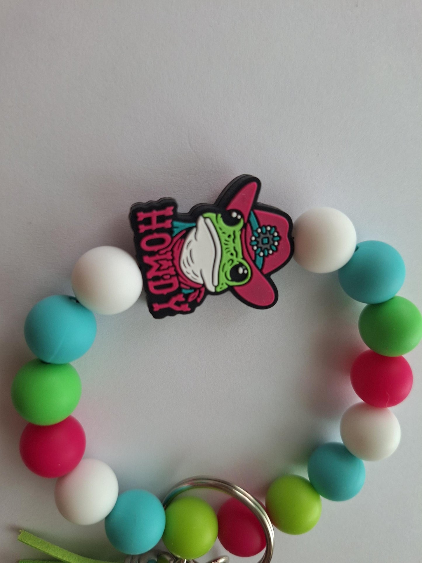 Silicone beaded frog wristlet / colorful howdy cowboy frog silicone beaded wristlet keychain / country western bag accessories key chain