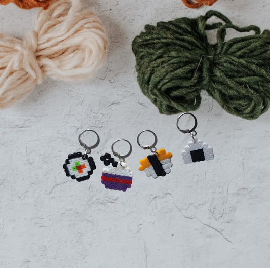 Stitch markers set 4 sushi bundle / maki nigiri rice bowl rice ball chopstick perler bead set of 4 sushi cutie progress keeper pixel style