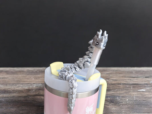 3D articulated metallic silver kaida dragon straw cap / 3d printed dragon animals / silver dragon straw topper cover Fidget figurines