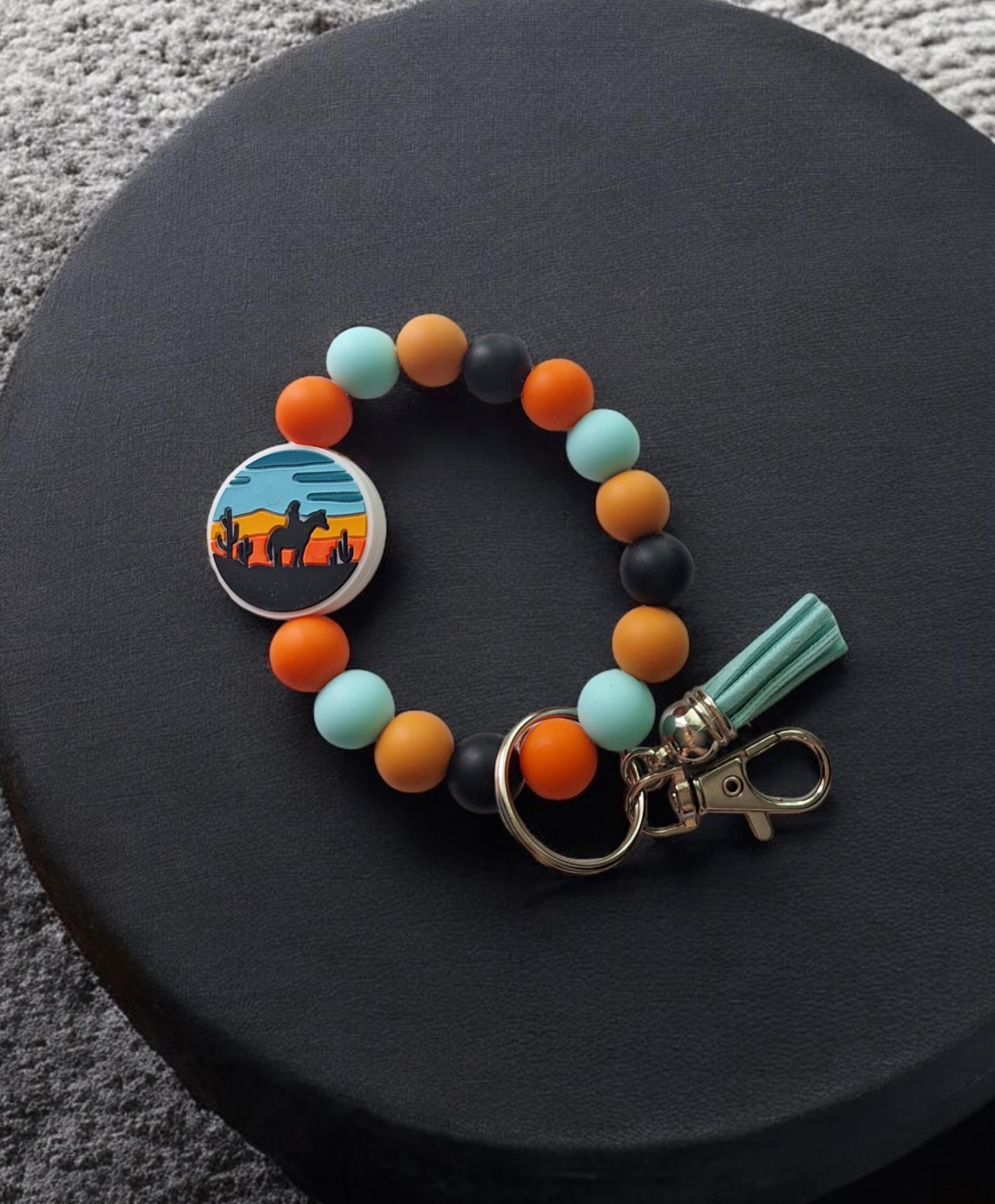 Silicone beaded wristlet / horse cactus western silhouette silicone beaded wristlet keychain / country western bag accessories key chain