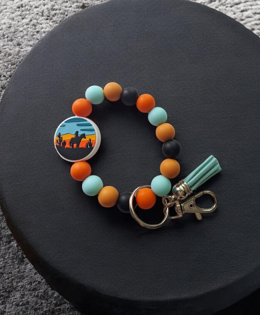 Silicone beaded wristlet / horse cactus western silhouette silicone beaded wristlet keychain / country western bag accessories key chain
