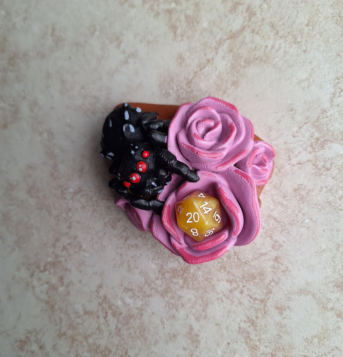 3D printed and painted rose and spider dice holder / 3d spider pink rose dice holder display / 3d printed d20 dice tower holder