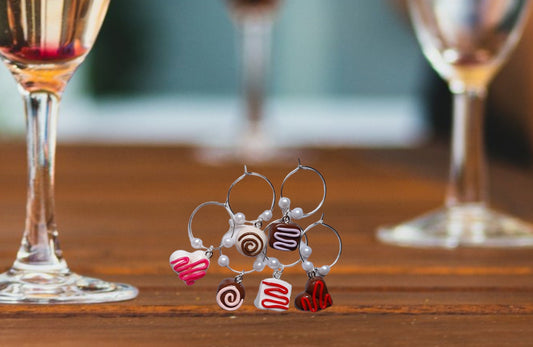 Set of 6 valentine wine charms / holiday winter spring wine charms / 6 set polymer clay valentine chocolates heart celebrate wine charms