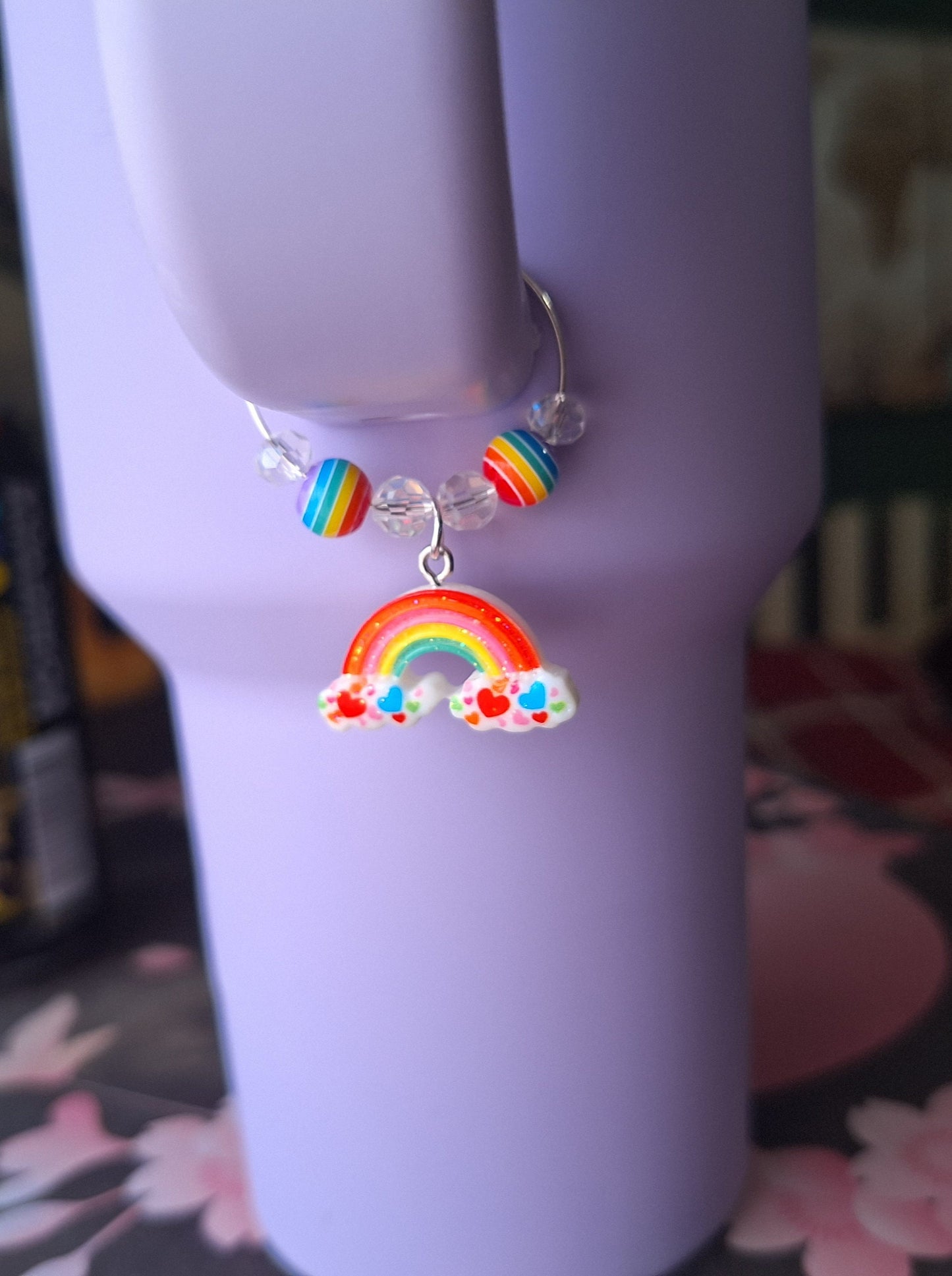Beaded rainbow tumbler charm / rainbow tumbler charm accessory / faceted clear beaded tumbler charm with rainbow dangle