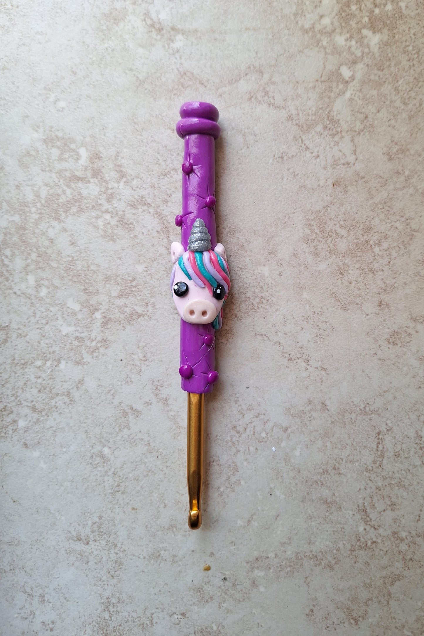 Polymer clay purple teal pink unicorn crochet hook