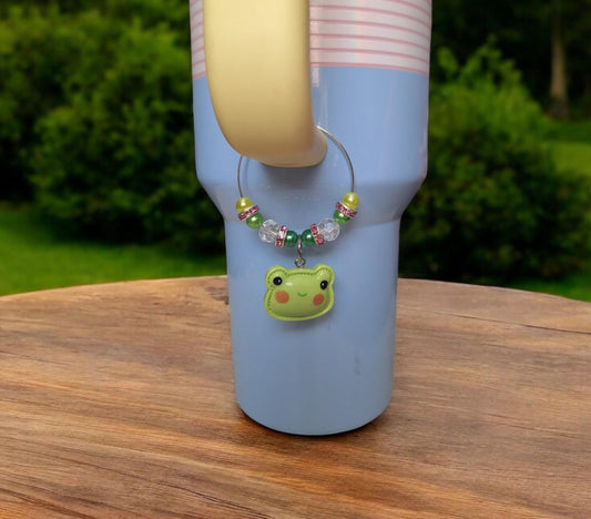 faux pearl kawaii cute frog charm tumbler accessories tumbler charm  buddy / beaded green frog cup handle charm