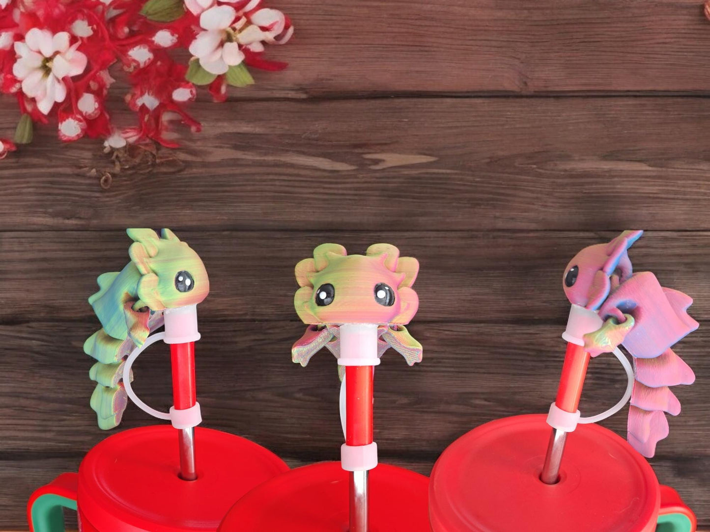 3D articulated baby axolotl dragon tadpole / dragon straw cap / axolotl straw topper cover / 3d printed tumbler accessories