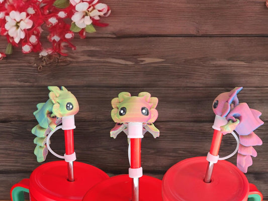 3D articulated baby axolotl dragon tadpole / dragon straw cap / axolotl straw topper cover / 3d printed tumbler accessories