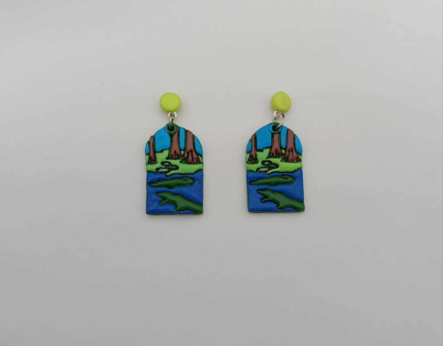 Kawaii alligator crocodile earrings / polymer clay everglades landscape dangle earrings / clay croc gator jewelry / landscape trees earrings
