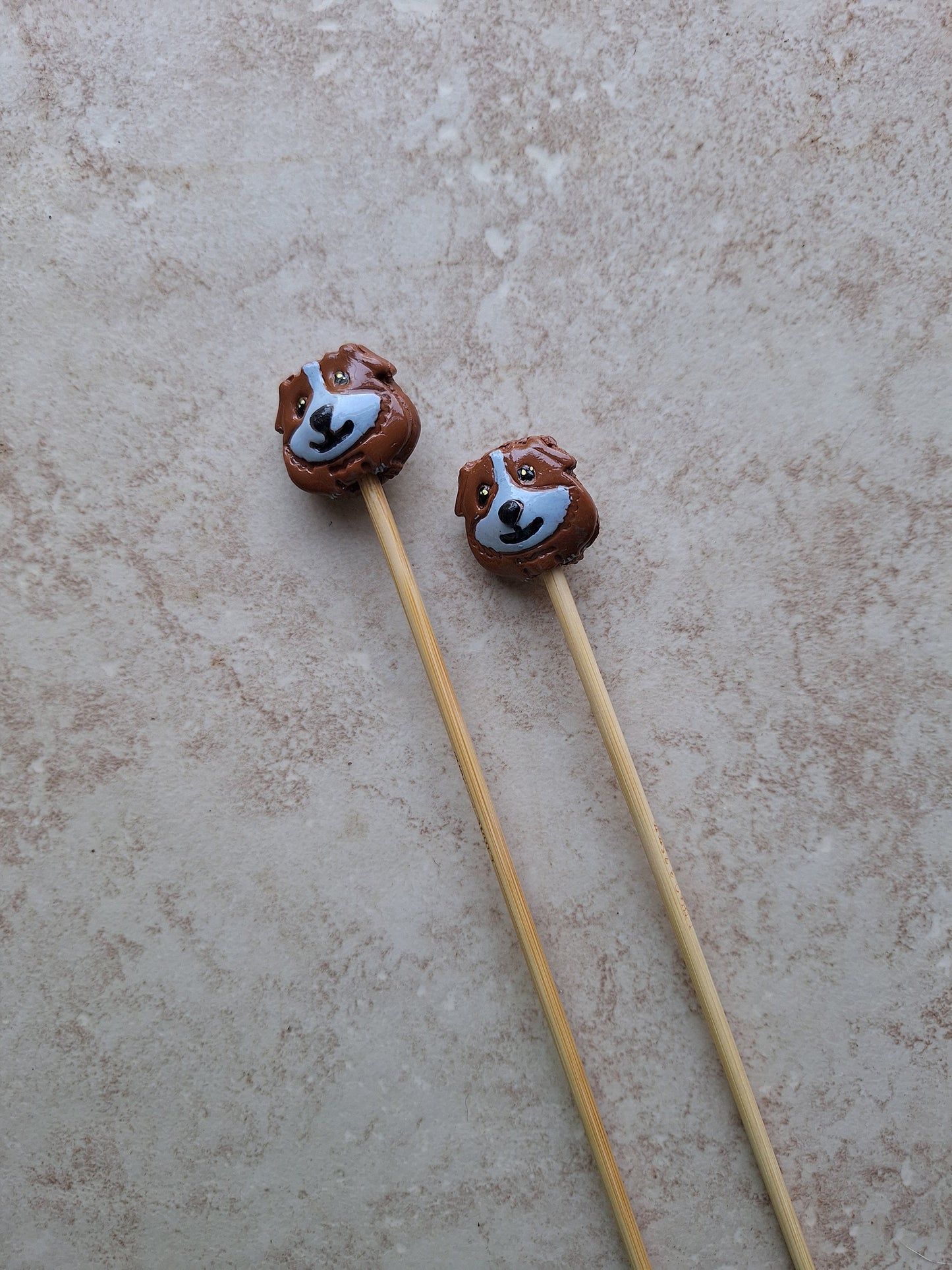 Set of 2 brown guinea pig knitting needles / polymer clay knitting needles / decorative guinea pig needles knitting accessory crochet