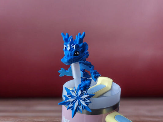 3D articulated blue snow dragon straw cap / 3d printed dragon animals / Ice snow winter dragon straw topper cover Fidget figurines