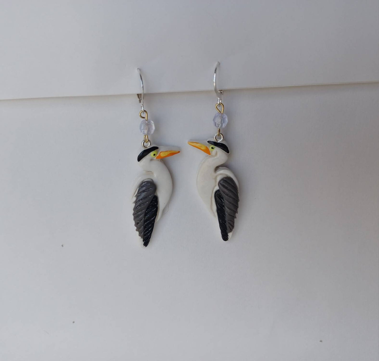 Kawaii blue heron earrings / polymer clay blue heron crane dangle earrings / kawaii bird jewelry / clay bird jewelry