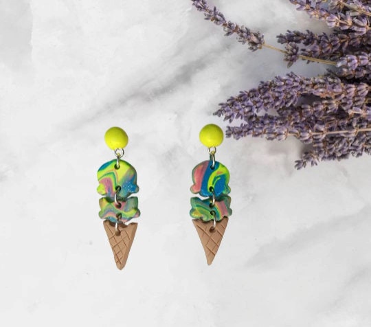 Kawaii ice cream scoop cone earrings / polymer clay ice cream dangle earrings / clay food jewelry / clay neopolitan ice cream earrings