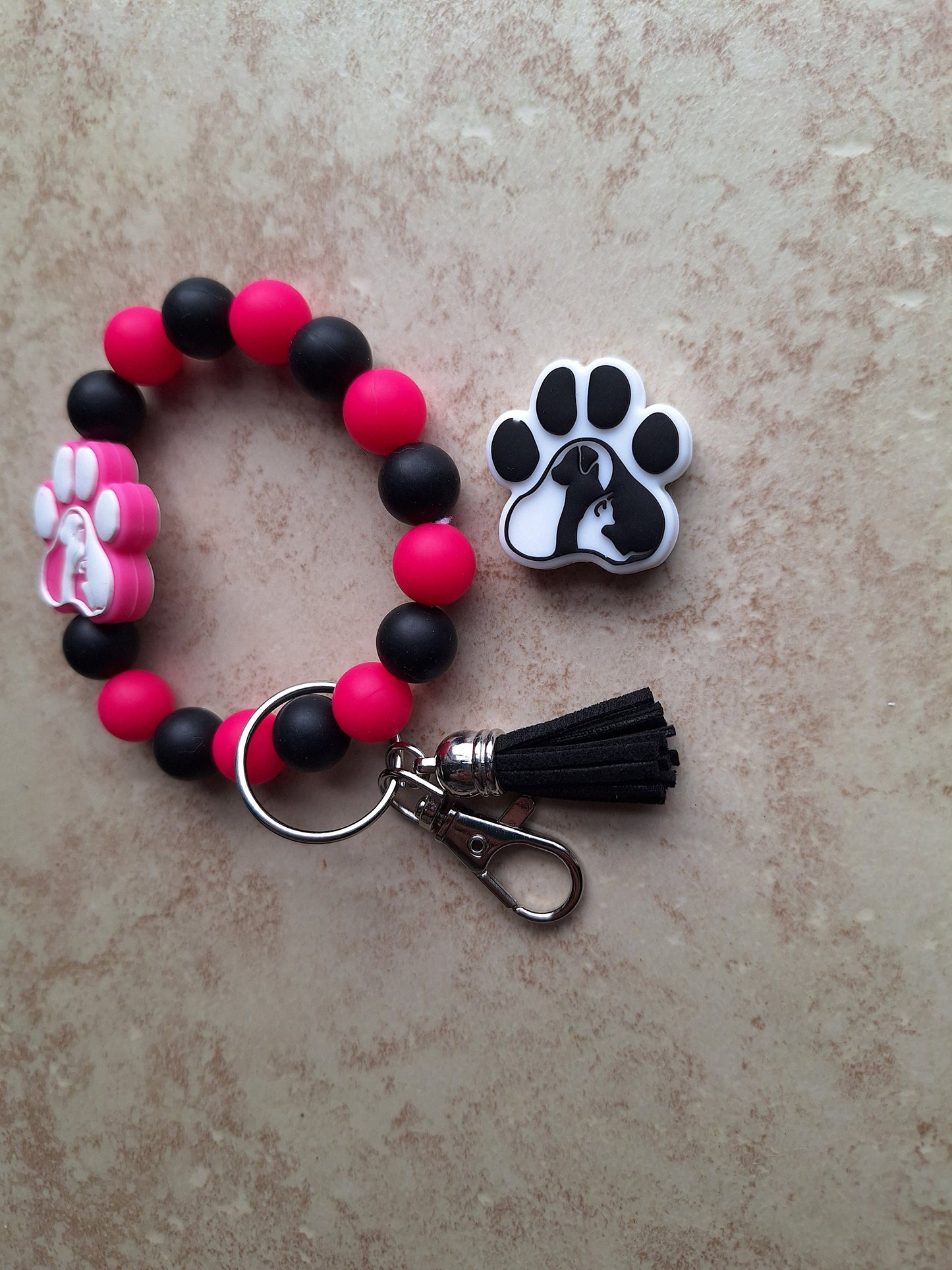 Silicone beaded wristlet keychain / dog mom silicone beaded wristlet pawprint keychain / animal silhouette bag accessories key chain gift