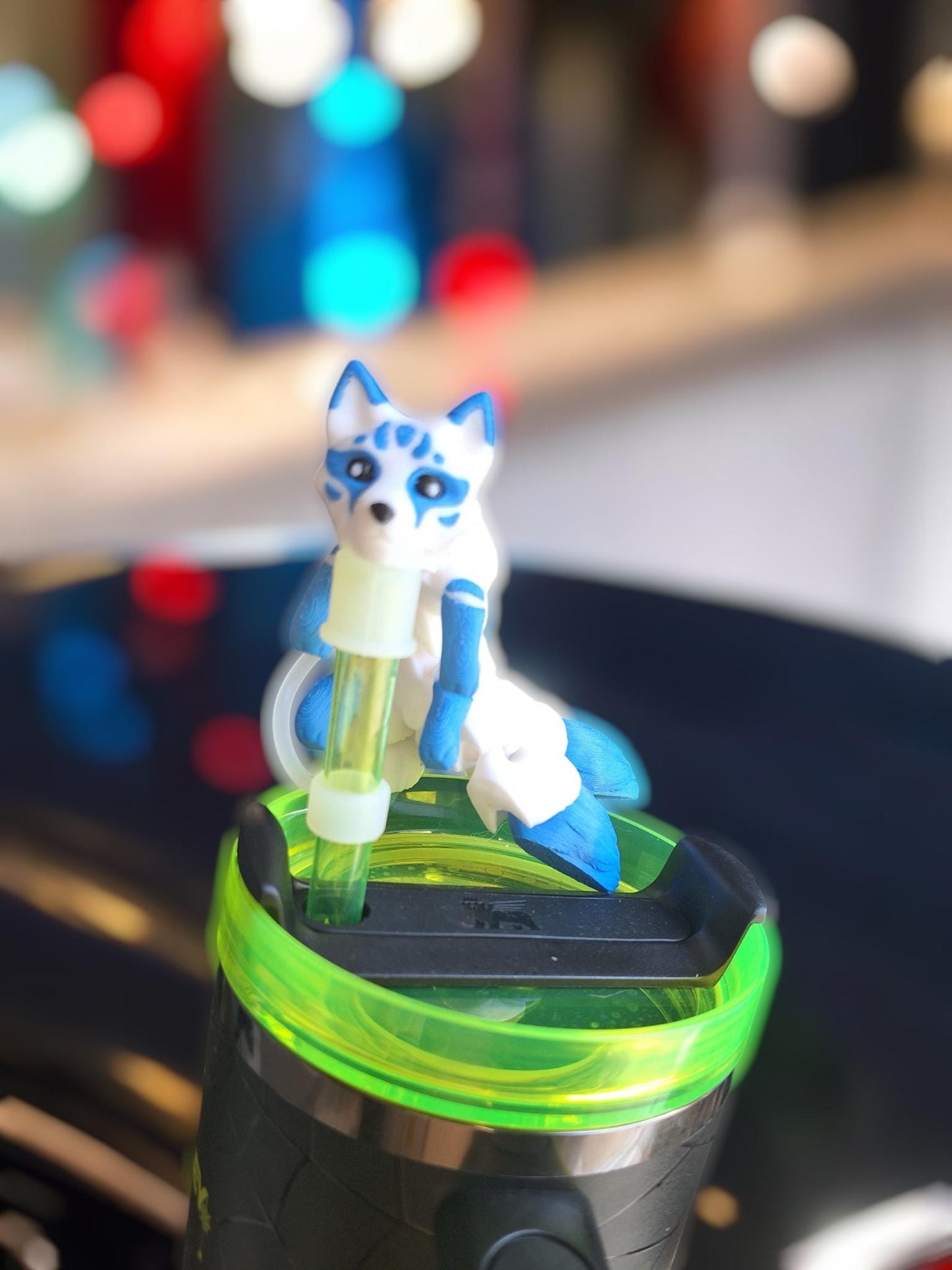 3D articulated red blue baby kitsune fox straw topper cap / 3d printed kitsune / 3d printed animals figurine knick knack Fidget