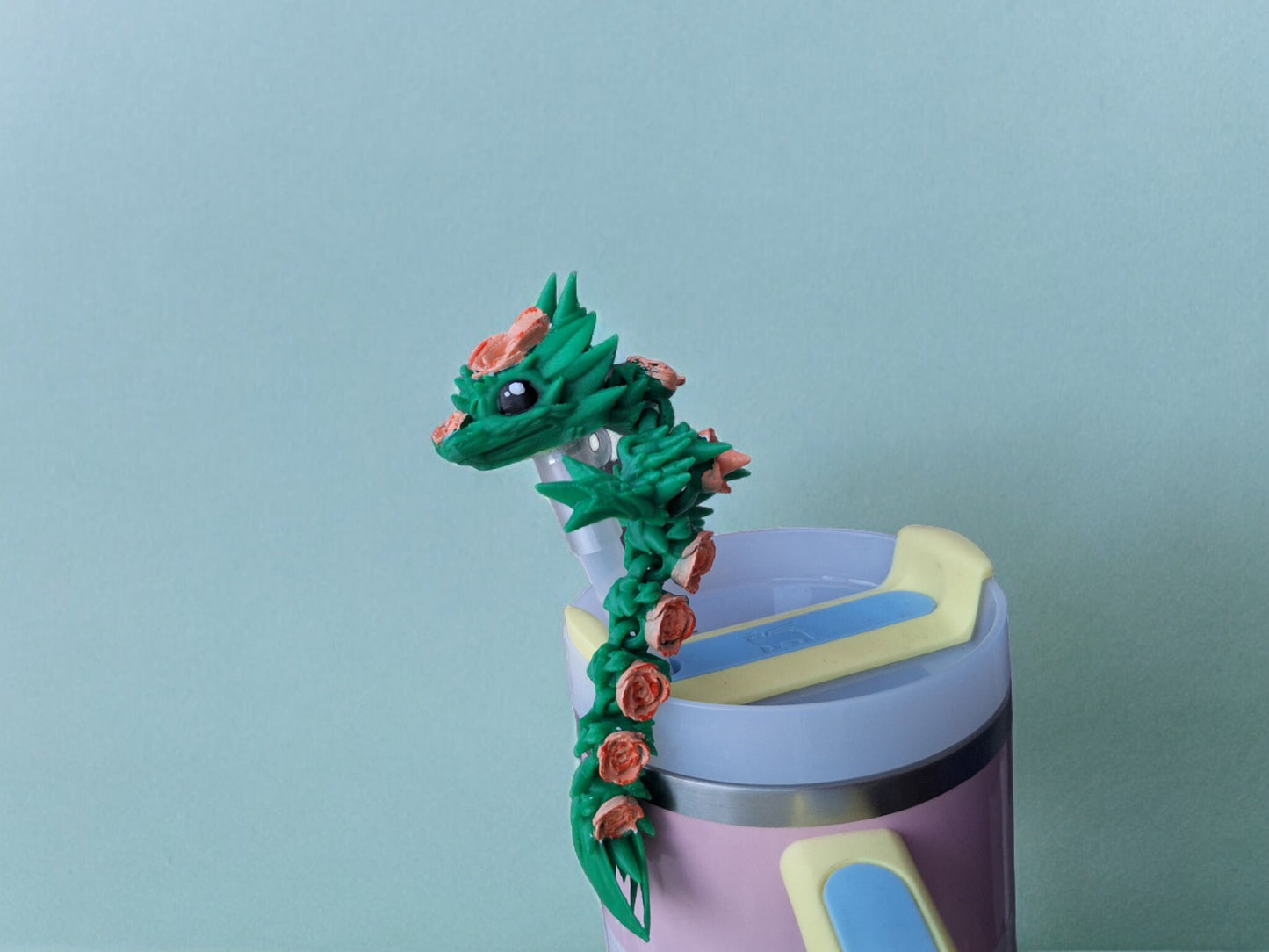 3D articulated rose flower dragon straw cap / 3d printed dragon animals / floral dragon tadling straw topper cover Fidget figurines