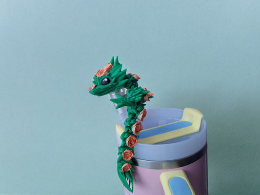 3D articulated rose flower dragon straw cap / 3d printed dragon animals / floral dragon tadling straw topper cover Fidget figurines