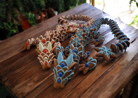 3D articulated christmas holiday gingerbread dragon / 3d printed holiday candy snowflake dragon animals desk pet