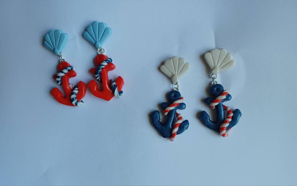 Kawaii nautical earrings / polymer clay anchor earrings / kawaii anchor nautical jewelry / clay shell anchor rope beach earrings