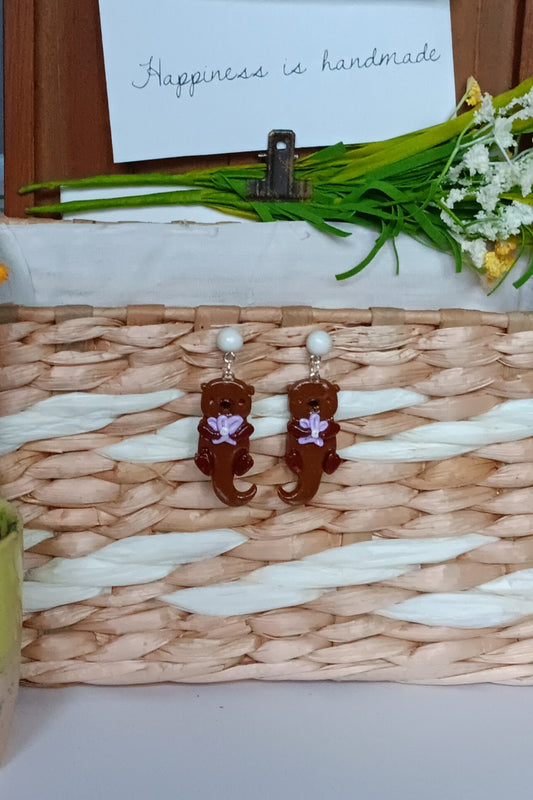 Kawaii otter earrings / polymer clay otter with heart earrings / kawaii floral jewelry / clay otter with flower earrings