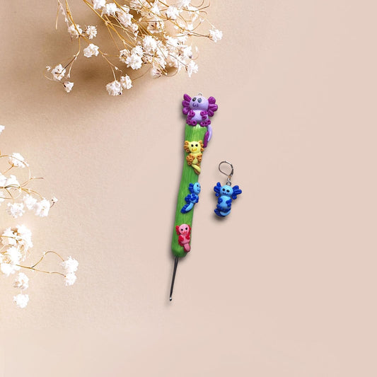 Polymer clay colorful axolotl crochet hook with stitch marker