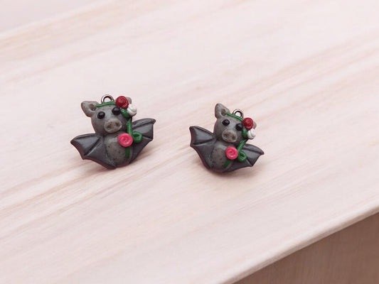 Kawaii floral rose bat charm / polymer clay holiday charms / clay charm jewelry / bat charm stitch marker progress keeper