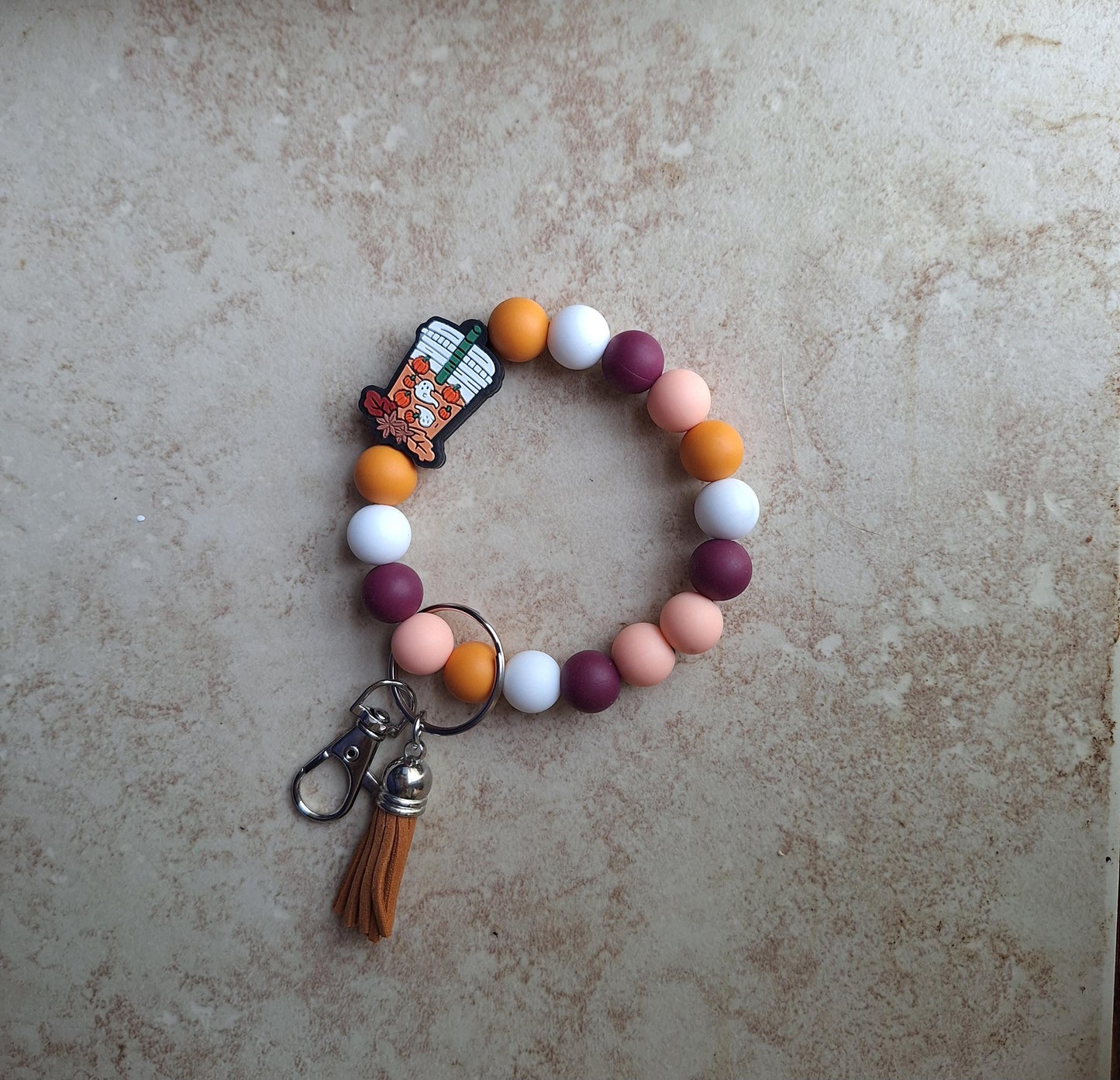 Silicone beaded wristlet keychain / fall pumpkin spice beaded coffee wristlet keychain / halloween boba ghost bag accessories key chain gift
