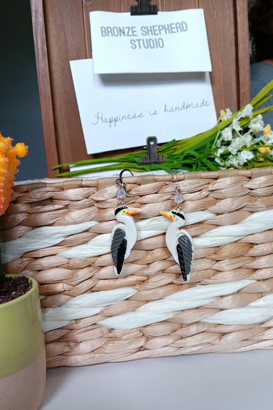 Kawaii blue heron earrings / polymer clay blue heron crane dangle earrings / kawaii bird jewelry / clay bird jewelry