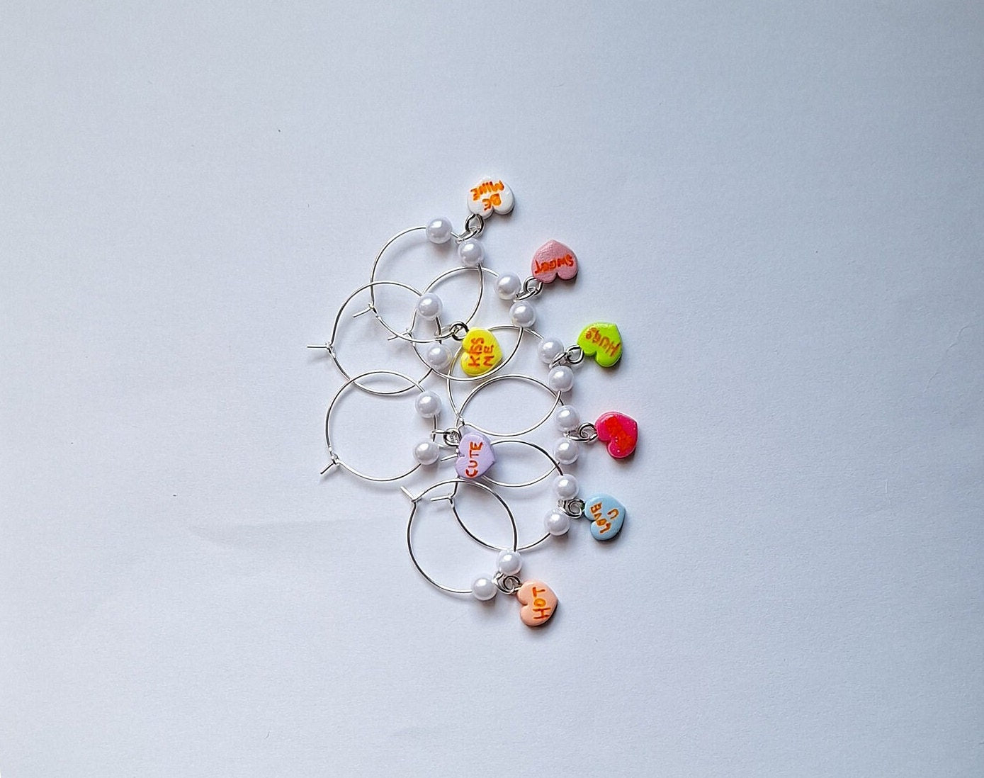 Set of 8 valentine wine charms / holiday wine charms / winter spring wine charms / 8 set polymer clay valentine heart celebrate wine charms