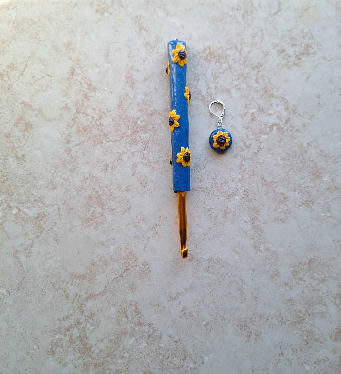 Polymer clay fall floral sunflower on blue crochet hook