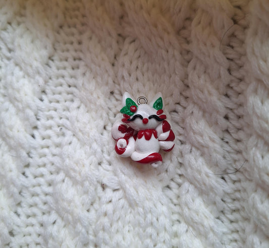 Clay Holly candy cane kitsune fox christmas charms / polymer clay holiday kawaii fox animal charms stitchmarker progress keeper notions
