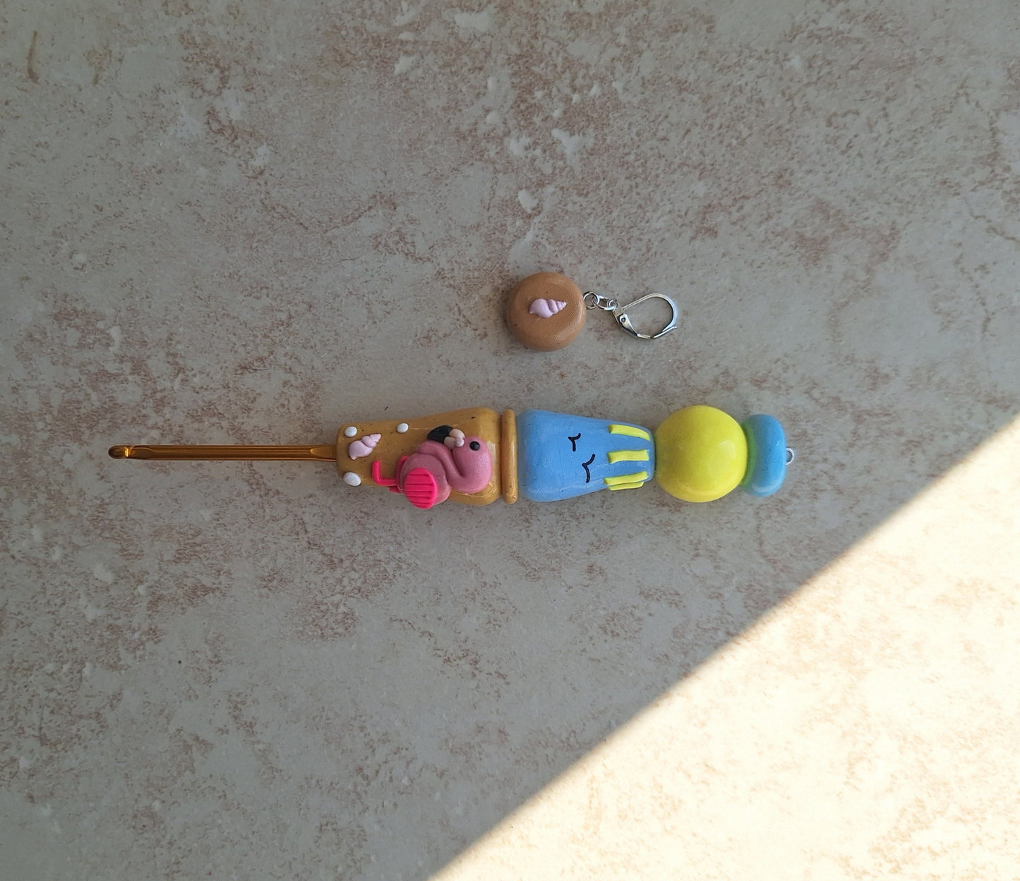 Polymer clay Beach scene flamingo crochet hook with stitch marker