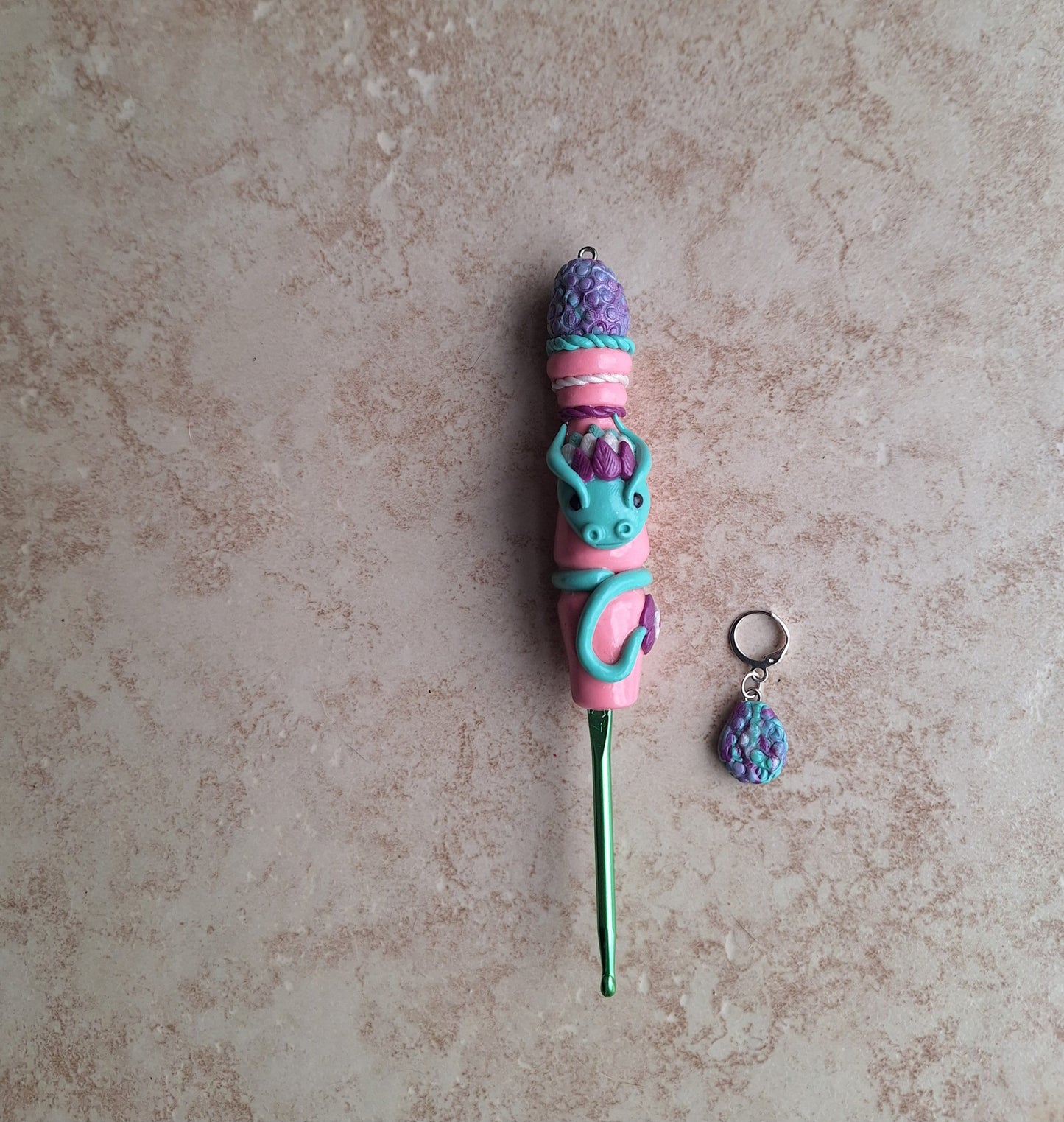 Polymer clay pink purple teal dragon egg crochet hook