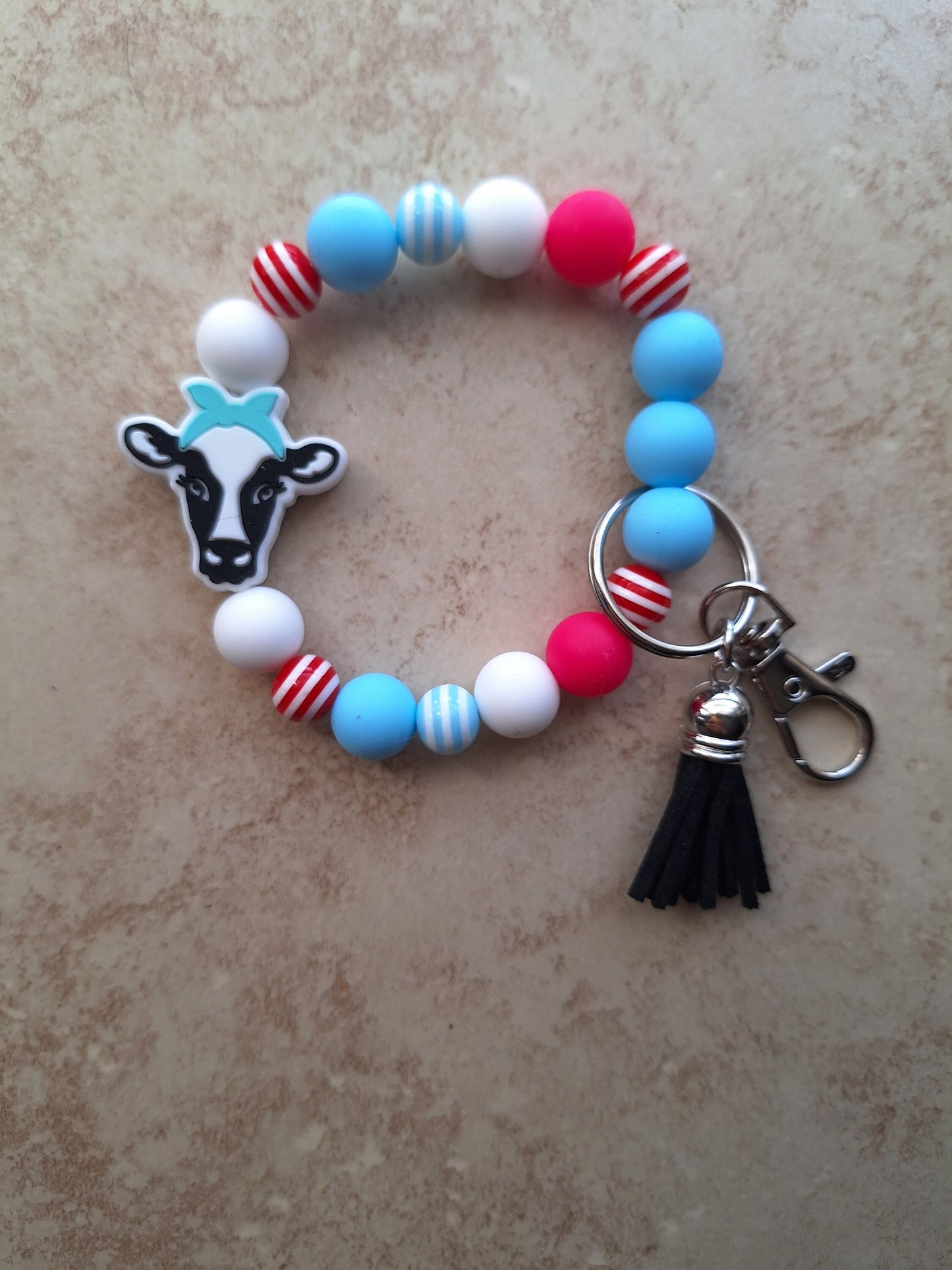 Silicone beaded wristlet keychain / cow with bow red teal silicone beaded wristlet keychain / bows and cows bag accessory key chain gift