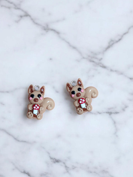 Polymer clay squirrel charms / cute clay squirrel with mushroom cottage core / animal jewelry charm stitch marker progress keeper notions