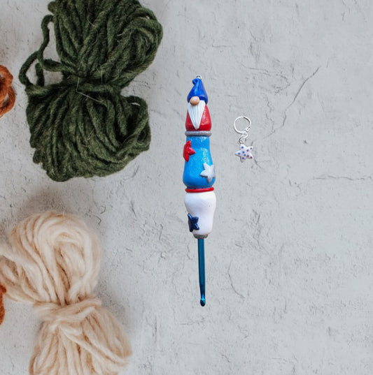Polymer clay red white blue star gnome 4th of July crochet hook