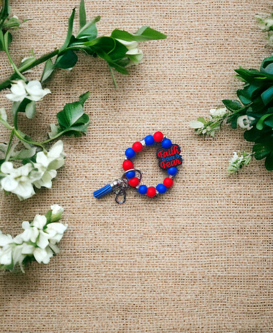 Silicone beaded wristlet keychain / faith over fear silicone beaded wristlet keychain / religious faith bag accessories key chain red blue