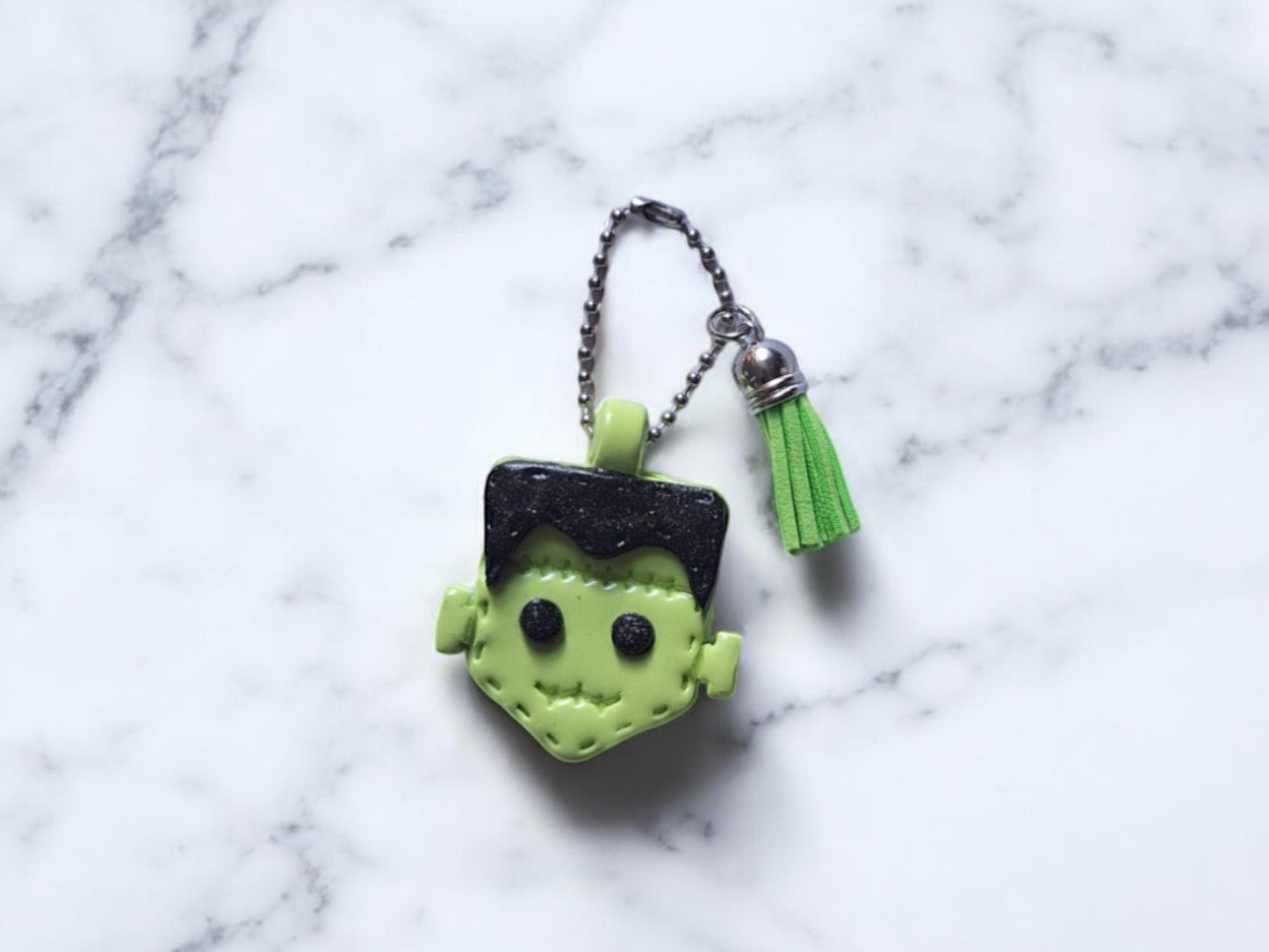 Polymer clay frankenstein faux leather look stitch style keychain / cute clay monster halloween bag accessories spooky key chain