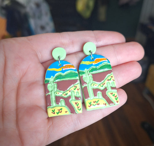 Kawaii scenery vacation spot earrings / polymer clay Saguaro landscape dangle earrings / clay national park jewelry trees earrings
