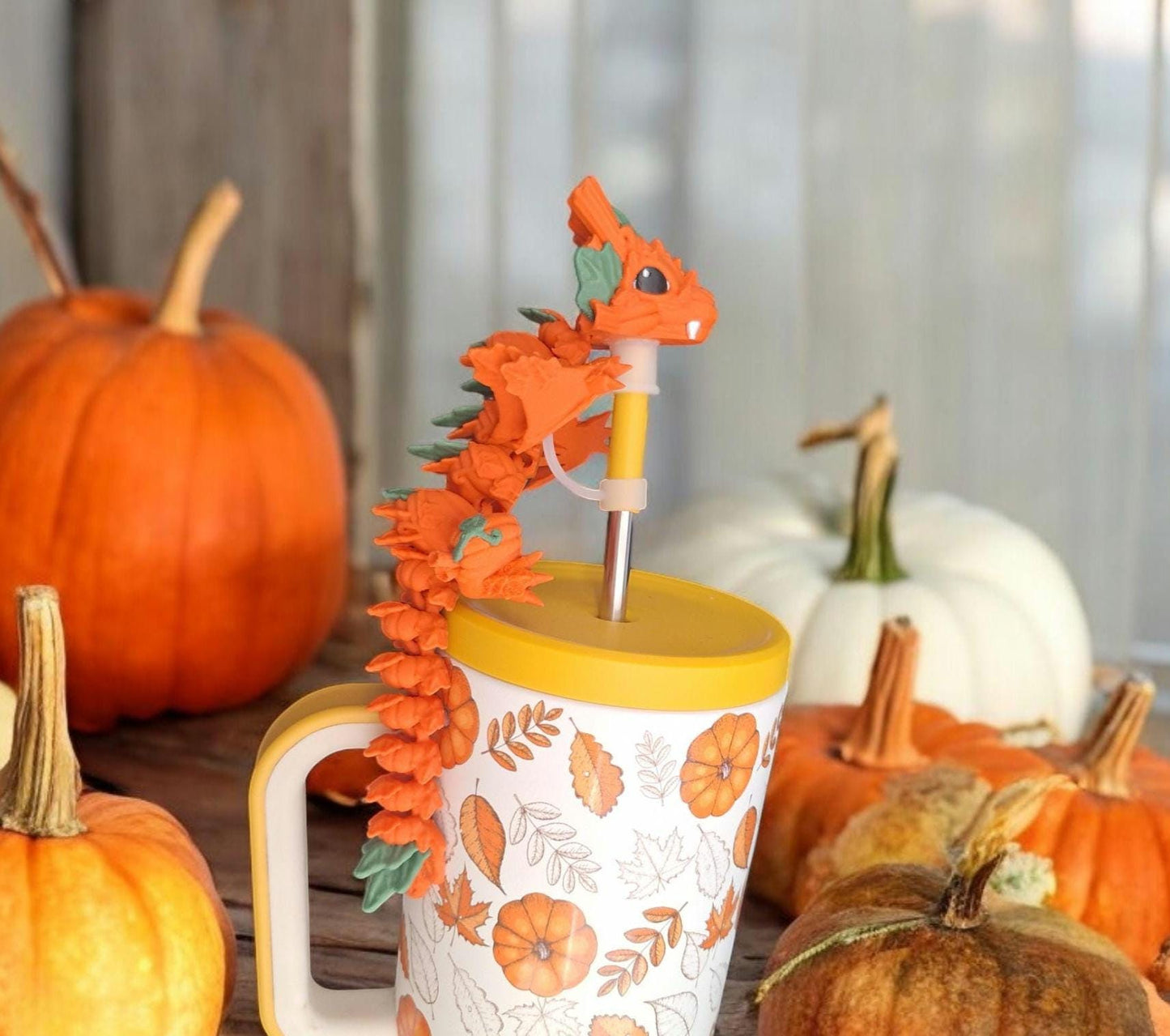 3D articulated orange pumpkin wyvern dragon straw cap / 3d printed dragon animals / pumpkin fall dragon straw topper cover Fidget figurines