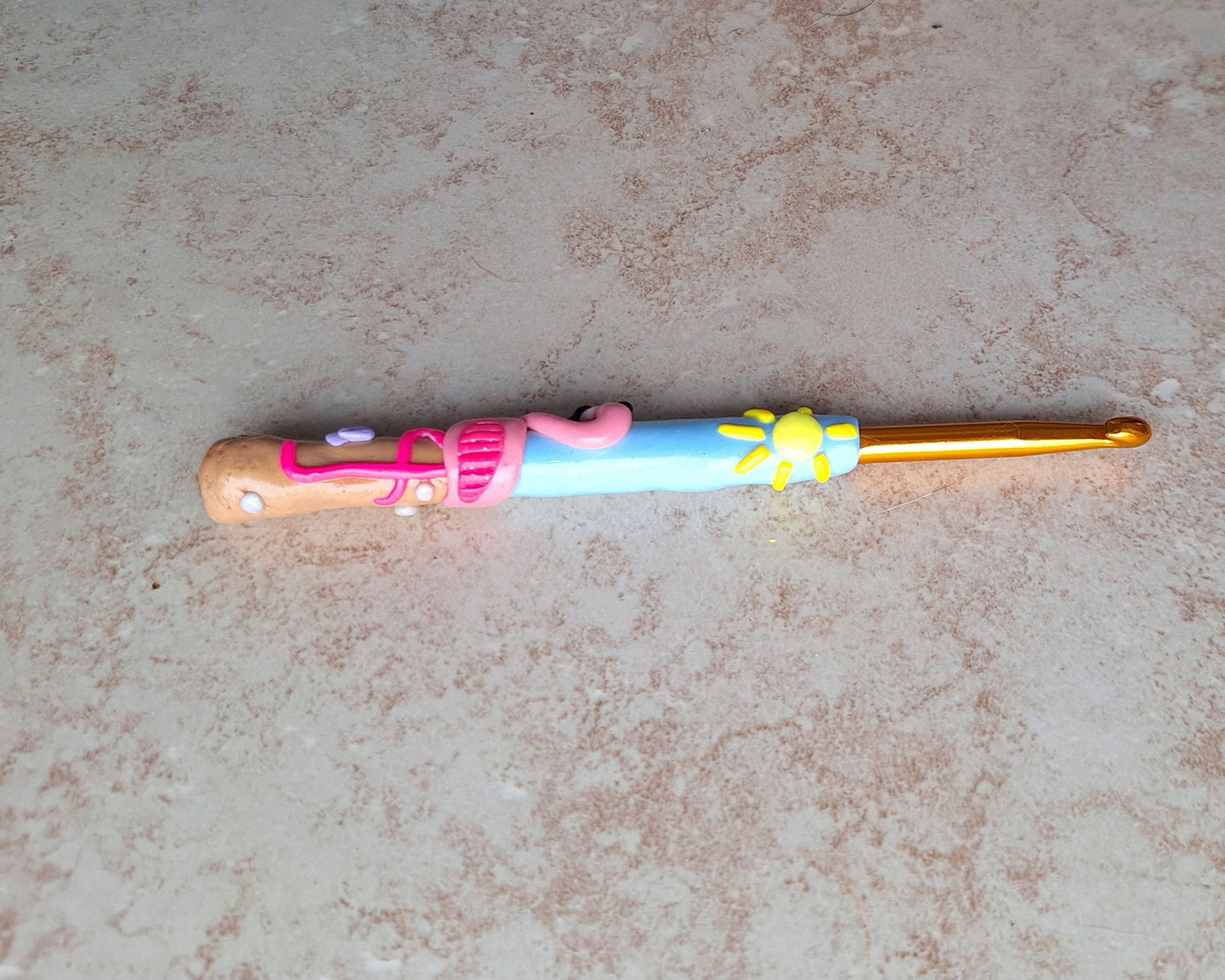 Polymer clay pink flamingo sunshine beach crochet hook